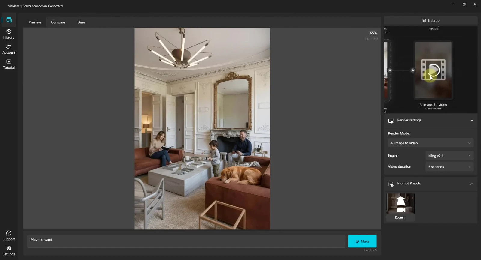 Tworzenie animacji wnętrza z wizualizacji w panelu Image to video w VizMaker